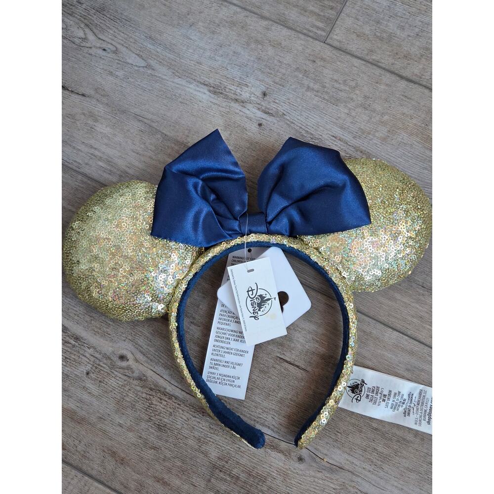 Authentic‎ Disney Minnie Mouse Ears Sequin Gold Navy Blue Bow Headband NWT
